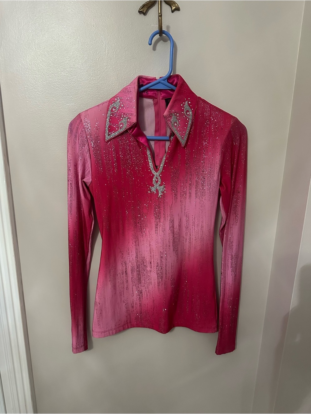 Women's Pink Ombre Long-Sleeve Performance Top with Crystal Trim